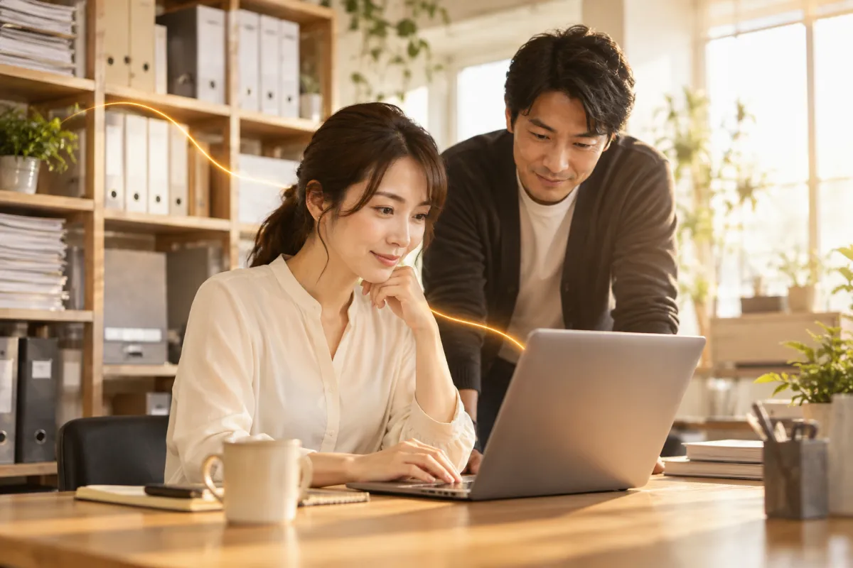 Staff working on a laptop with company documents (illustrative)