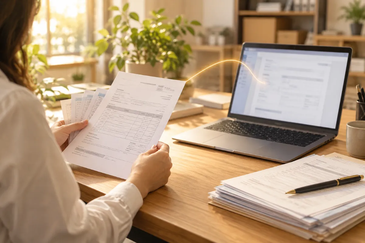 Paper order forms beside a review screen on a laptop (illustrative)