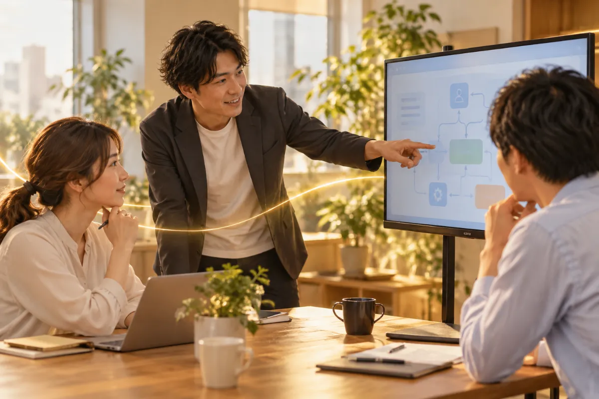 Team reviewing a workflow screen on a monitor (illustrative)