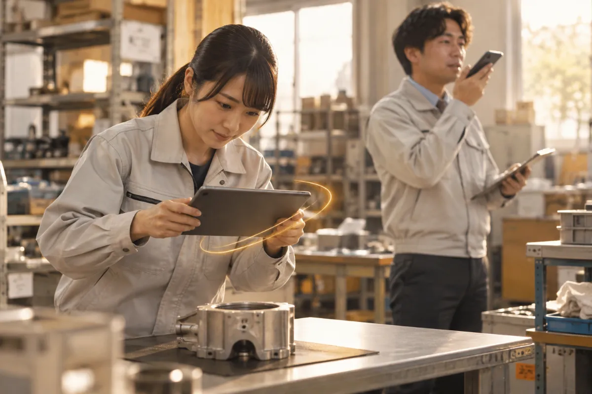 Field staff photographing a product with a tablet and recording a voice report (illustrative)